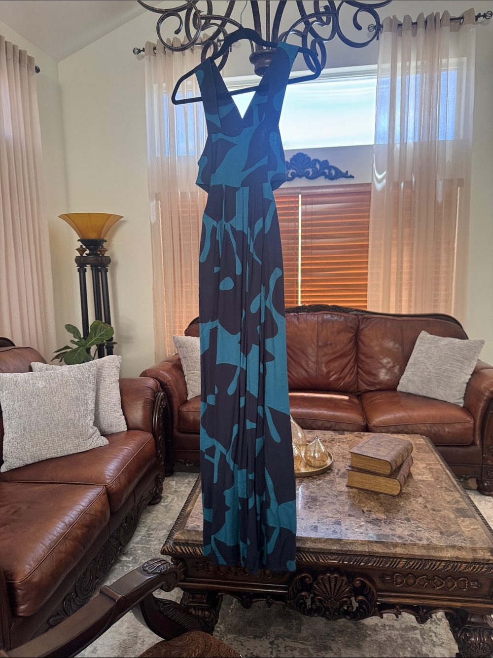 Anthropologie Teal and Black V-Neck Patterned Maxi Dress
